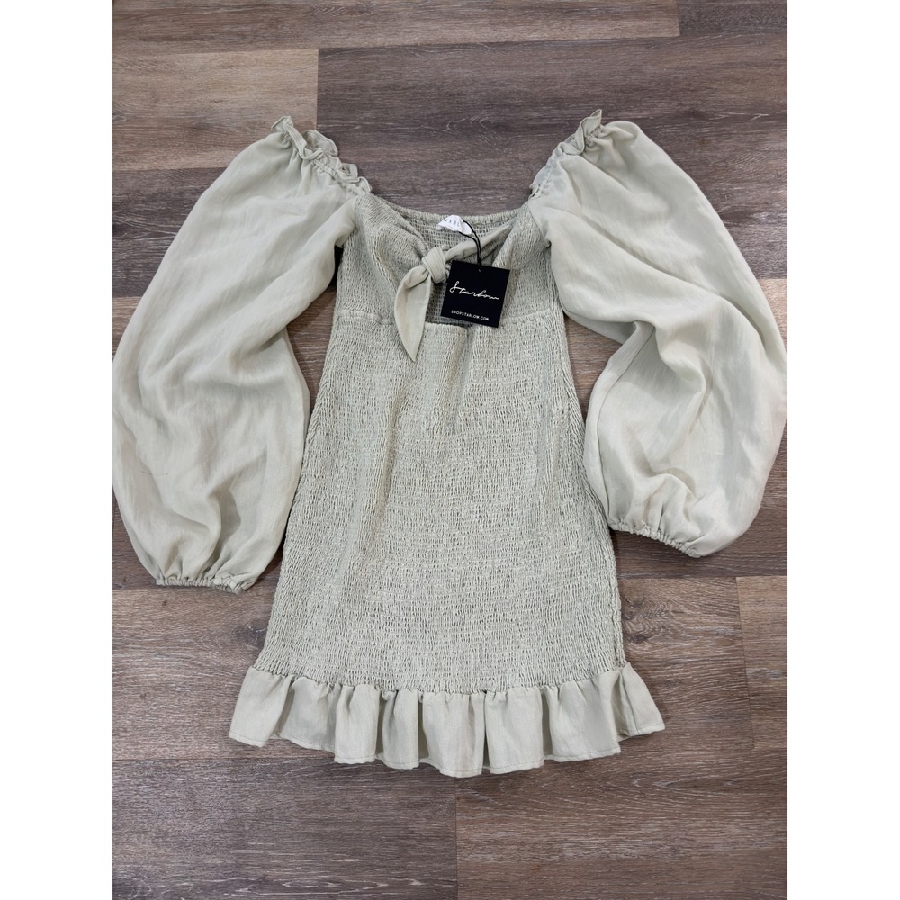 Starlow Sage Green Smocked Mini Dress Puff Sleeve Ruffle Hem NWT Small Flaw